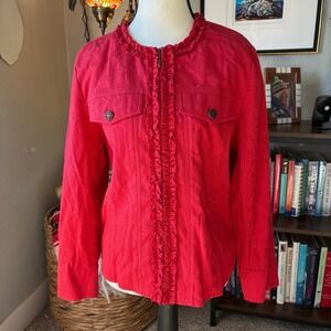 NWT Coldwater Creek Red Textured Zip Jacket Ruffle Trim Petite PM